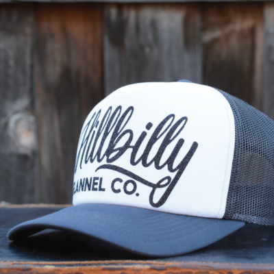 White Hillbilly Script foam cap with grey back