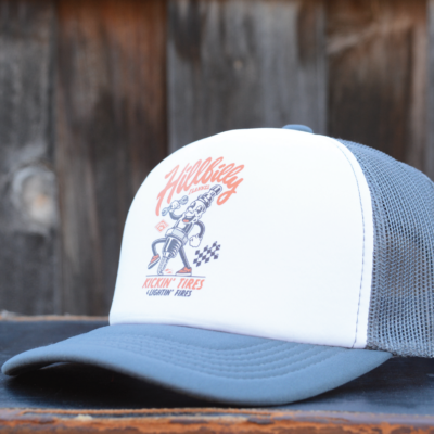 White front and grey mes an bill foam front trucker cap with the Kickin' tires and Lightin' fires logo
